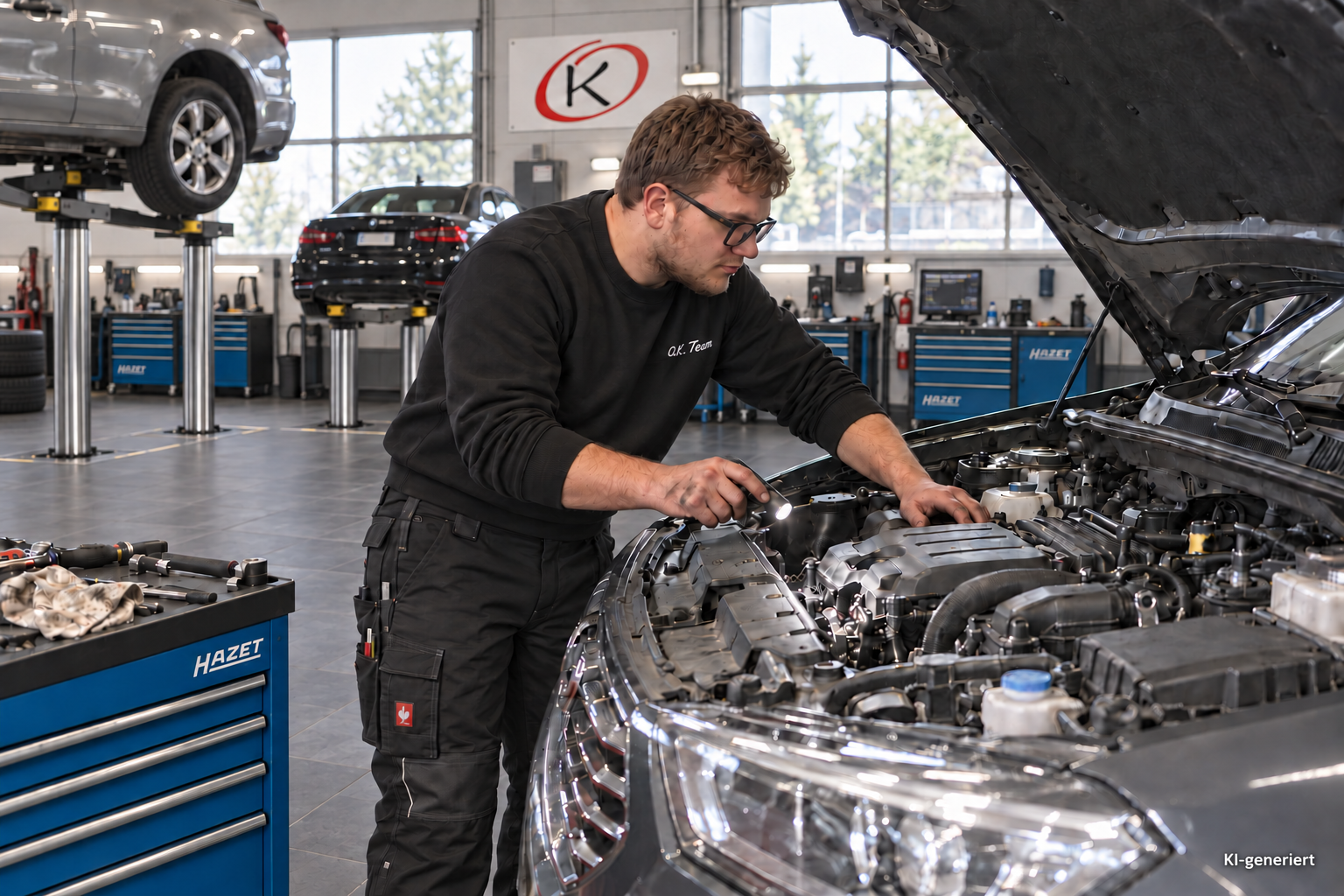 KI-generiertes Beispielbild: Arbeit im Motorraum